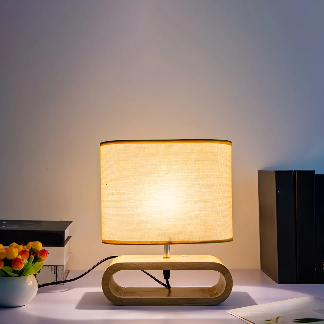 Bedside Wood LED Plug In Table Lamp in Fabric Shade