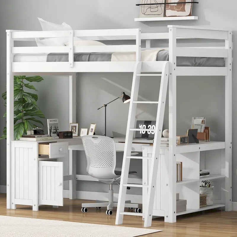 White Full Size Solid Wood Loft Bed with Desk, Blackboard & Drawers