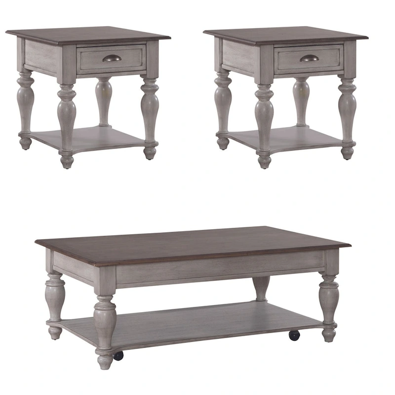 Ocean Isle Antique White & Weathered Pine 3-Piece Cocktail Table Set