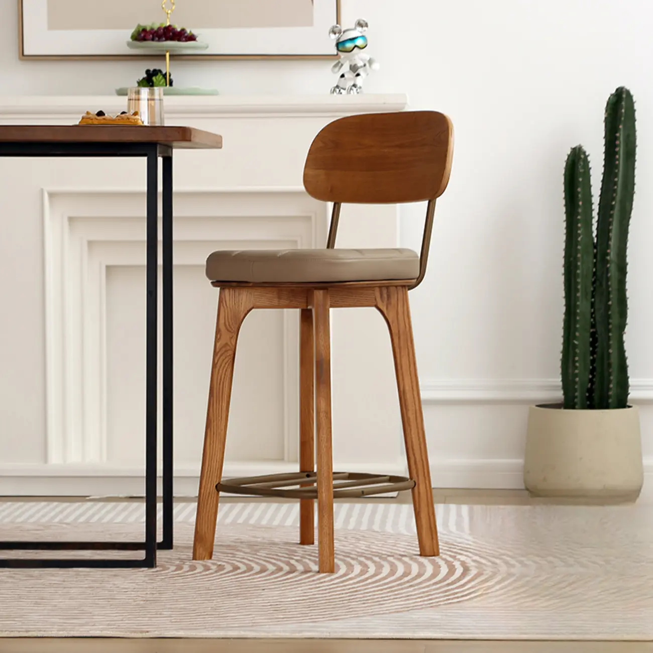Wooden Square Leather Upholstered Bar Stool with Backrest