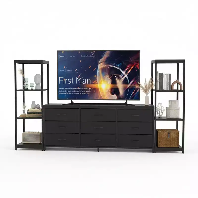 Black / White Industrial TV Stand — 9 Fabric Drawers & Open Shelves, Fits TVs up to 75