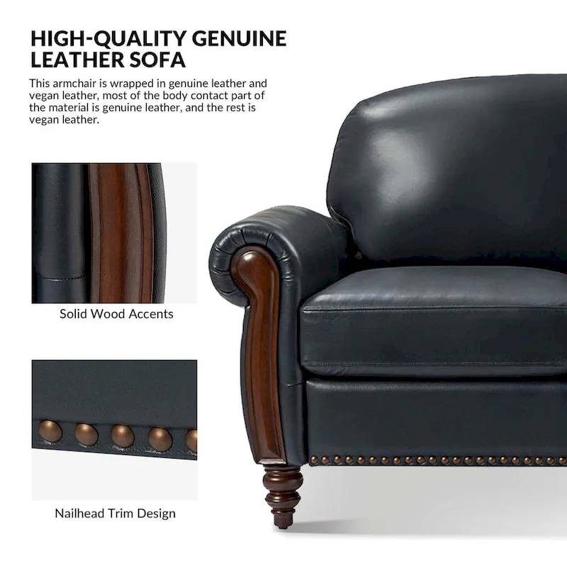 84 Traditional Genuine Leather Sofa with Carved Wood Legs