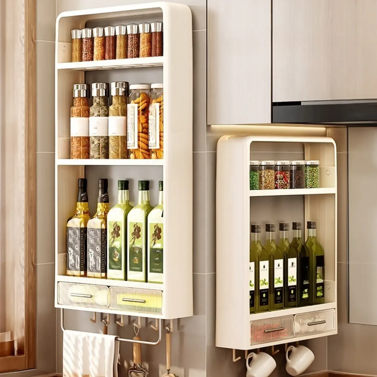 Kitchen Plastic Wall-Mounted Storage Racks with Hooks & Drawer