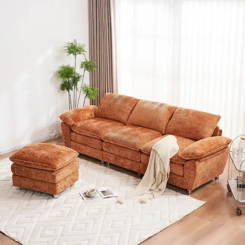 Modern Deep 3-Seat Sofa Couch with Ottoman