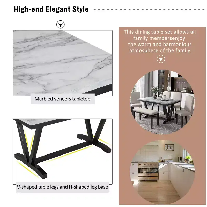 Whisen Modern Style 6-Piece Dining Table Set with 4 Chairs and 1 Bench and Teble with Marbled Veneers Tabletop - White