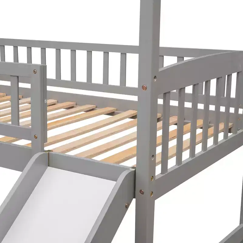 Twin House Loft Bed with Slide, Wood Playhouse Loft Bed Frame with Ladder and Roof