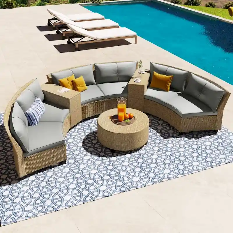 6-Person Garden Fan-shaped Rattan Suit Combination with Cushions and Table