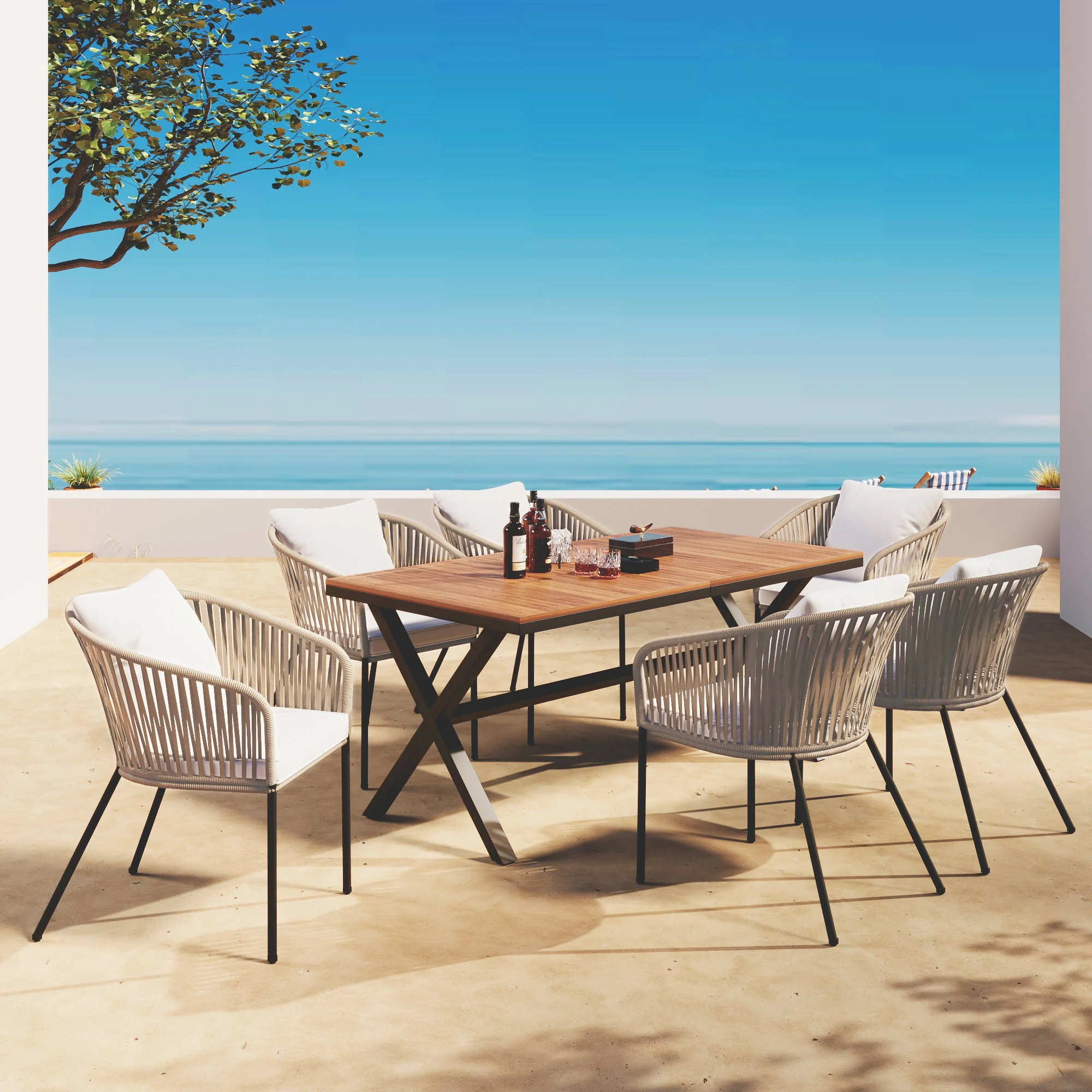 Walker Edison | Modern All-Weather Outdoor 7 Piece Patio Dining Set