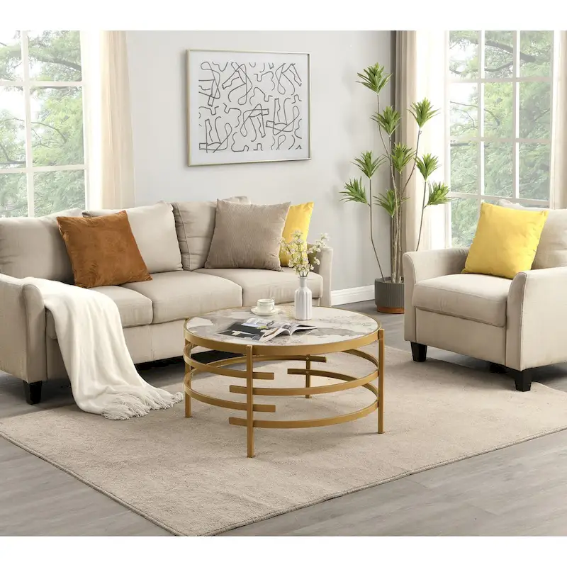 32.48 Round Coffee Table With Sintered Stone Top & Sturdy Metal Frame, Modern Coffee Table for Living Room