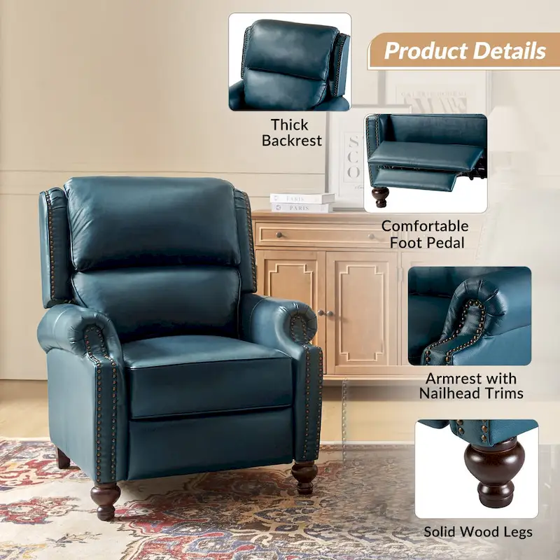 Gabriela Mid-Century Modern Genuine Leather Recliner Nail Head Trim Set of 2 by HULALA HOME