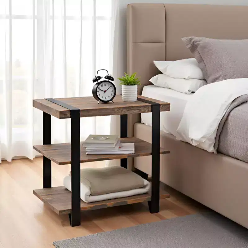 27" Modesto Wide 2 Shelf End Table with Metal Strap, Wood - Alaterre Furniture: Rustic Industrial Design, Black Frame