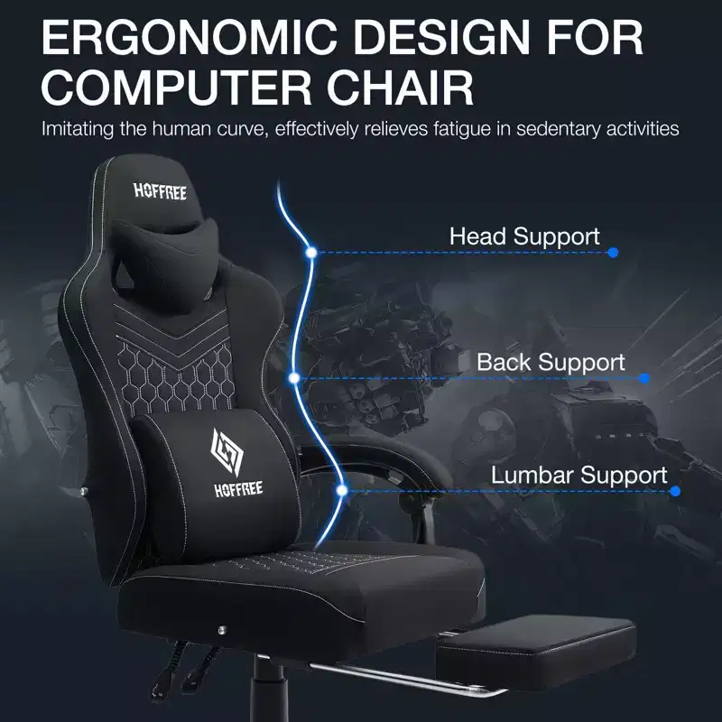 Hoffree Breathable Fabric Massage Gaming Chair Ergonomic Office PC Chair with Footrest & Adjustable
