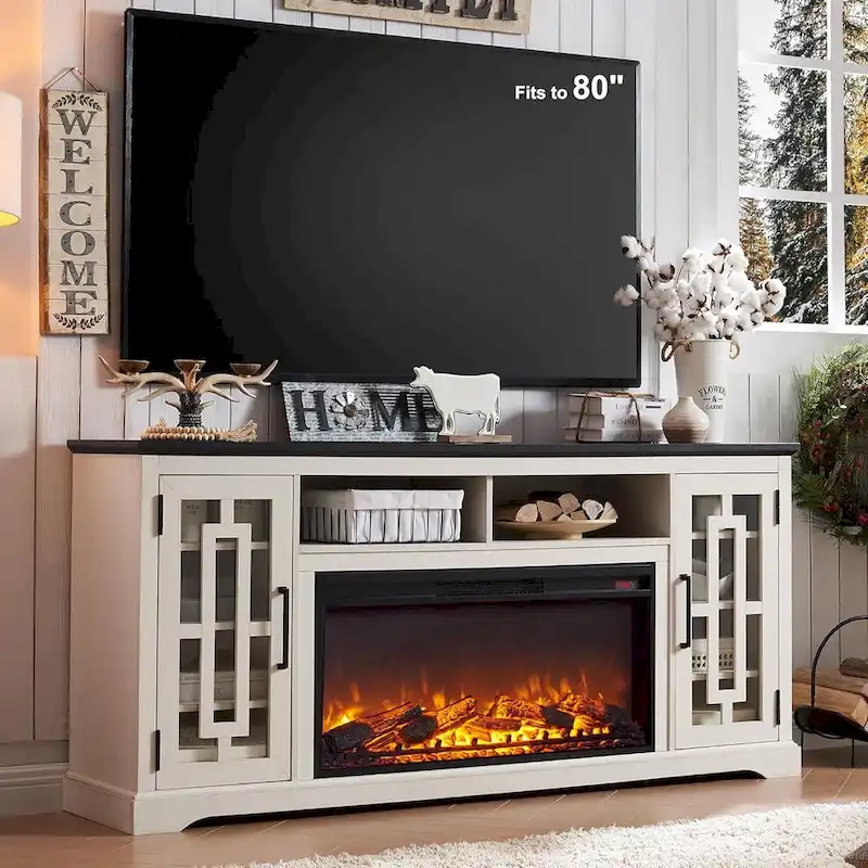 Farmhouse Fireplace TV Stand for 80 Inch TV, Entertainment Center