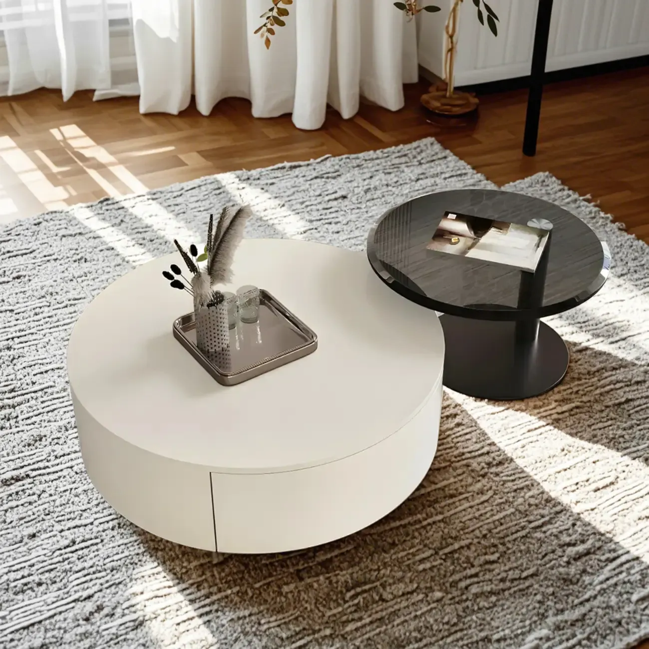 Modern Nesting Round Wood and Glass Coffee Table with Storage