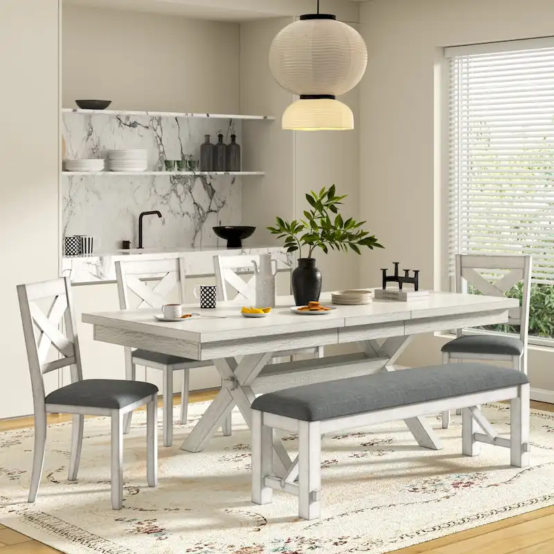 VECELO Dining Table Set with Bench, Solid Wood Rectangular Extendable Dining Table & 4 Solid Wood Dining Chairs