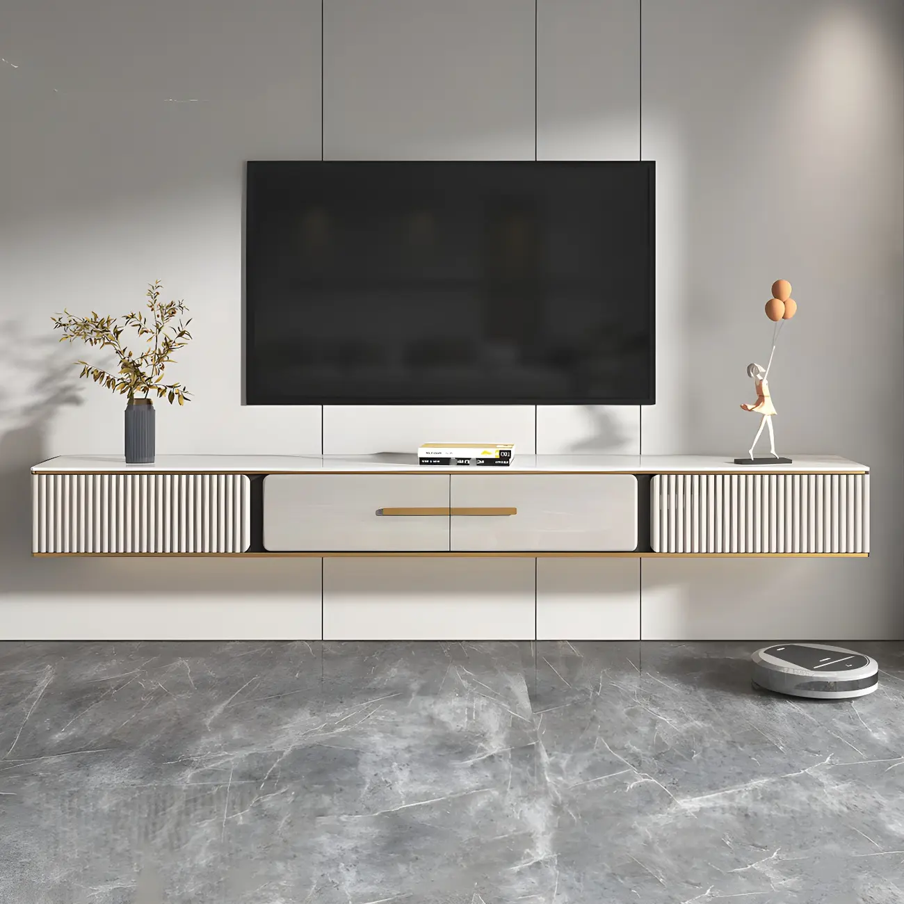 Long Stone 2 Drawers Floating Mount TV Stand Black