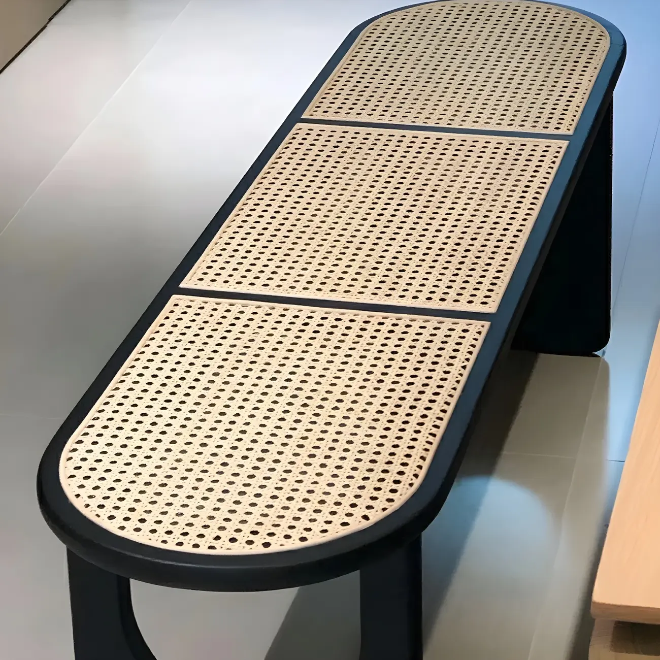 Rectangular Black Rattan Top Rubberwood Bench