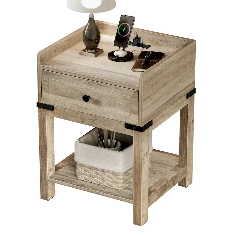 Moasis Farmhouse End Table with Charging Station, USB Ports and Outlets