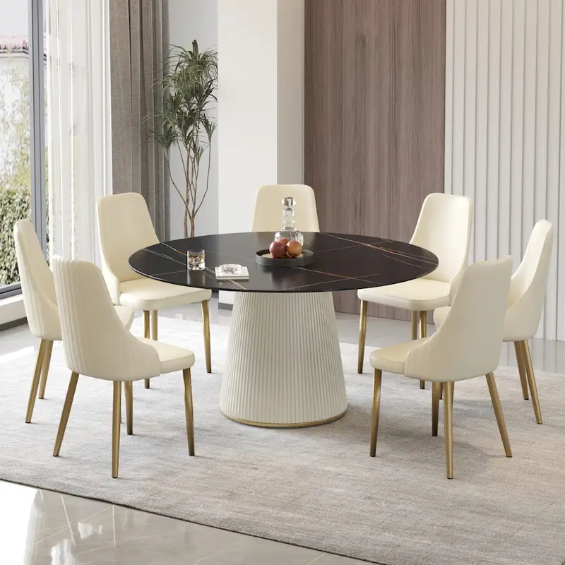 Round PU Pedestal Dining Table Faux Marble Dining Table