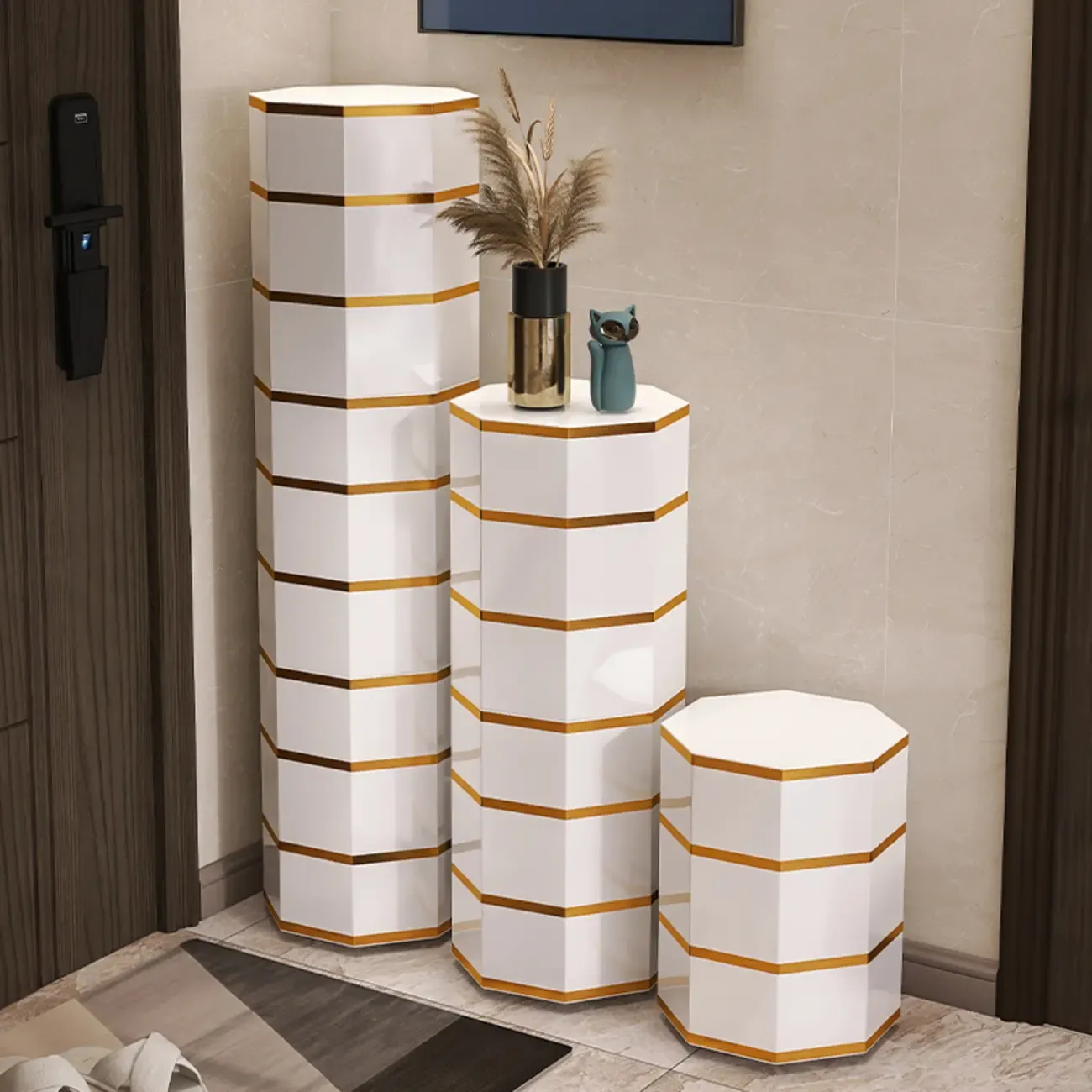 Rotating Glam White Metal Hexagon Entryway Shoe Cabinet