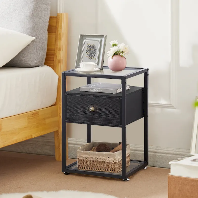 VECELO (Set of 2) Modern 1-Drawer Nightstand with 2-tier Glass Shelves