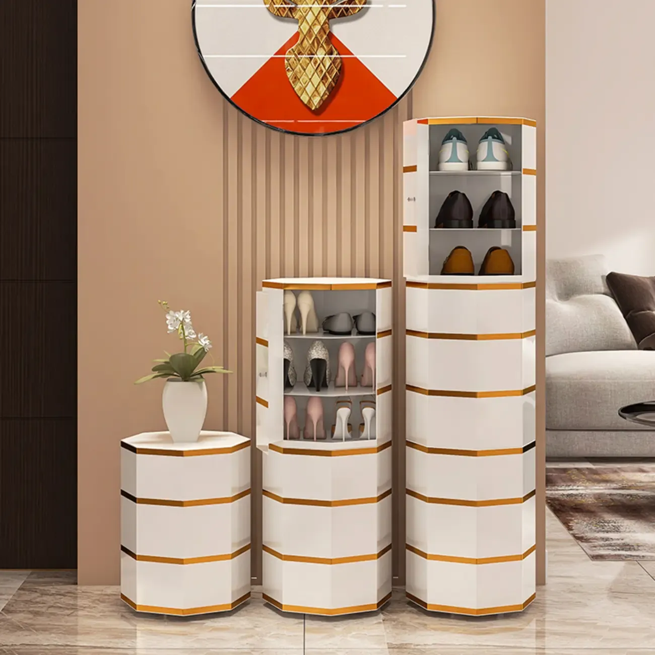 Rotating Glam White Metal Hexagon Entryway Shoe Cabinet