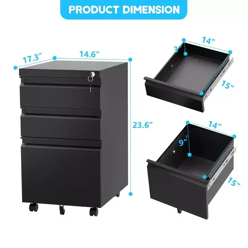 Black 3-Drawer Mobile File Cabinet with Lock, 1-Person