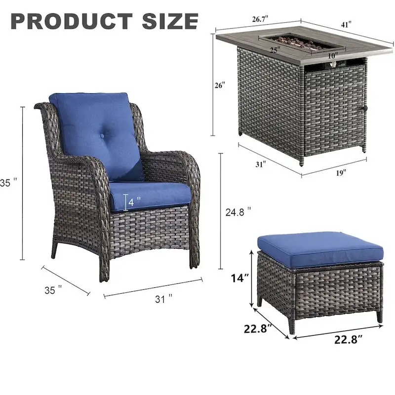 Propane Fire Pit Table Patio Chair Ottoman Sets - Grey