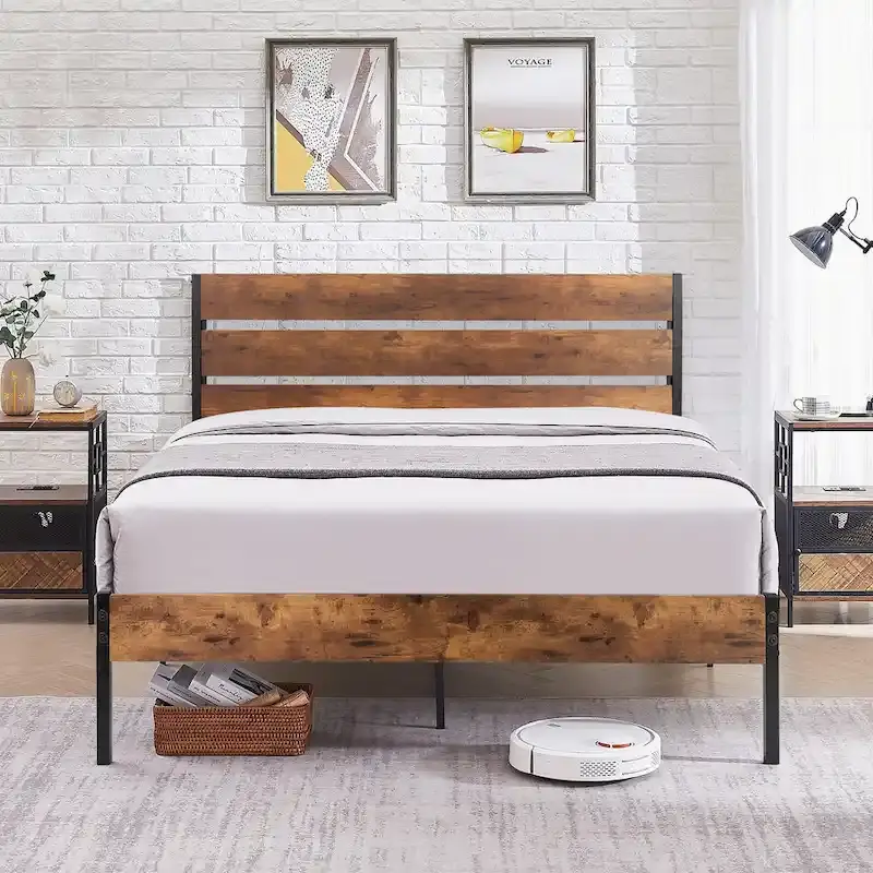 Brown/Slate/Black Platform Bed Frame with Wood Headboard – Twin/Full/Queen, 1-2 Person
