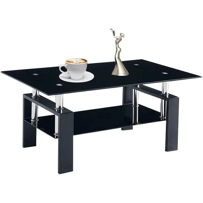 Rectangle Coffee Table Glass Tabletop with Lower Shelf