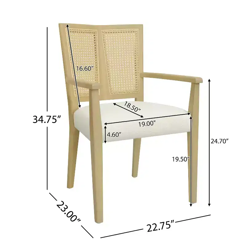 Beige/Dark Brown Upholstered Dining Arm Chairs with Rattan Back, Set of 2