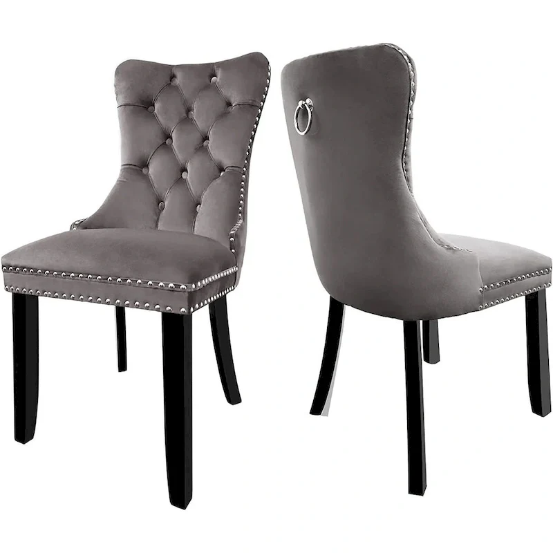Velvet Dining Chairs Set of 2, Upholstered High-end Tufted Dining Room Chair with Nailhead Back Ring Pull Trim Solid Wood Legs