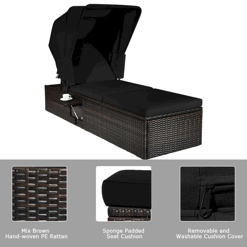 Gymax Rattan Patio Chaise Lounge Chair W/ Adjustable Canopy Black