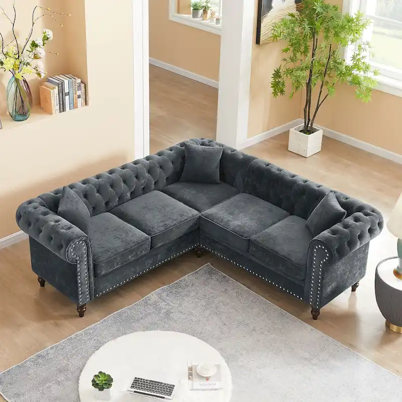 Deep Button Rolled Arm Classic Chesterfield L Shaped Sectional Sofa