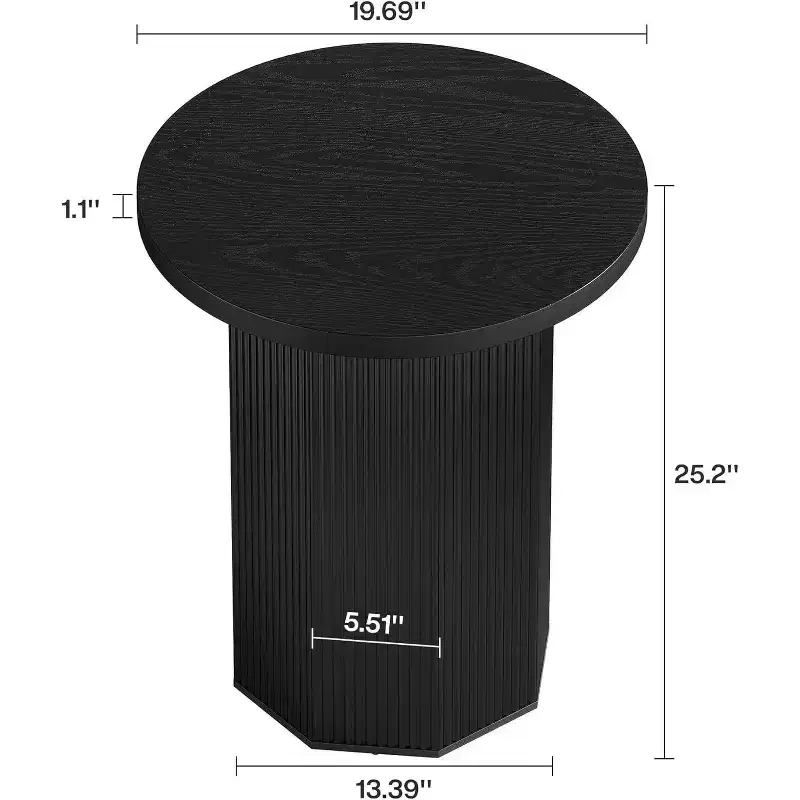 Lantine Round End Table, Farmhouse Pedestal Side Table, Fluted Wooden Nightstand Drink Stand for Living Room, Bedroom,Black