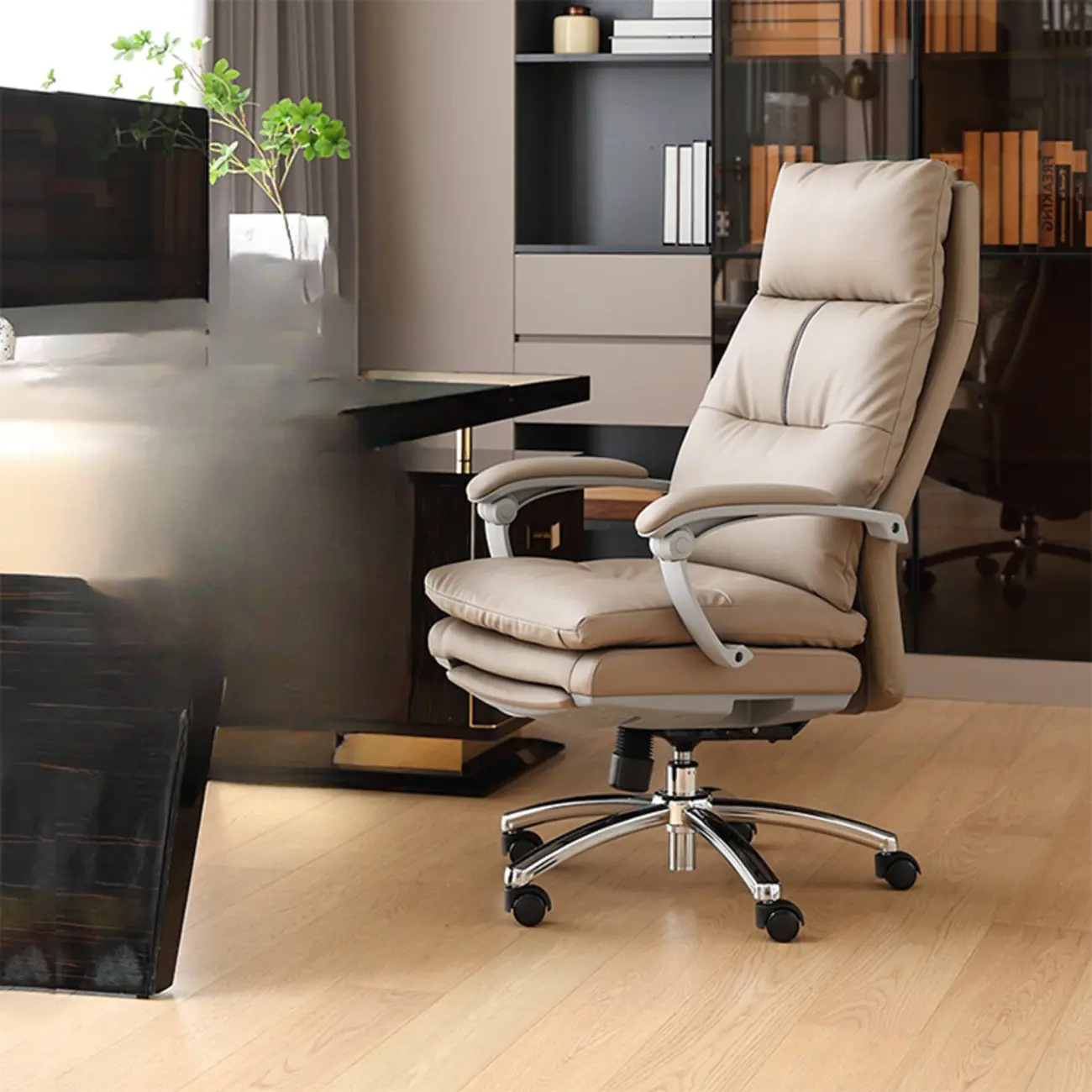 Upholstered Brown Leather Adjustable Swivel Office Chair