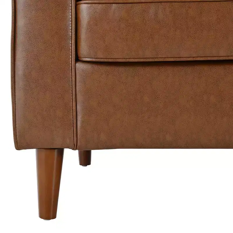Whisen PU Leather 3-Seat Sofa, Mid-Century Modern Sofa Couch with Tufted Design, Solid Wood Legs, 2 Bolster Pillows