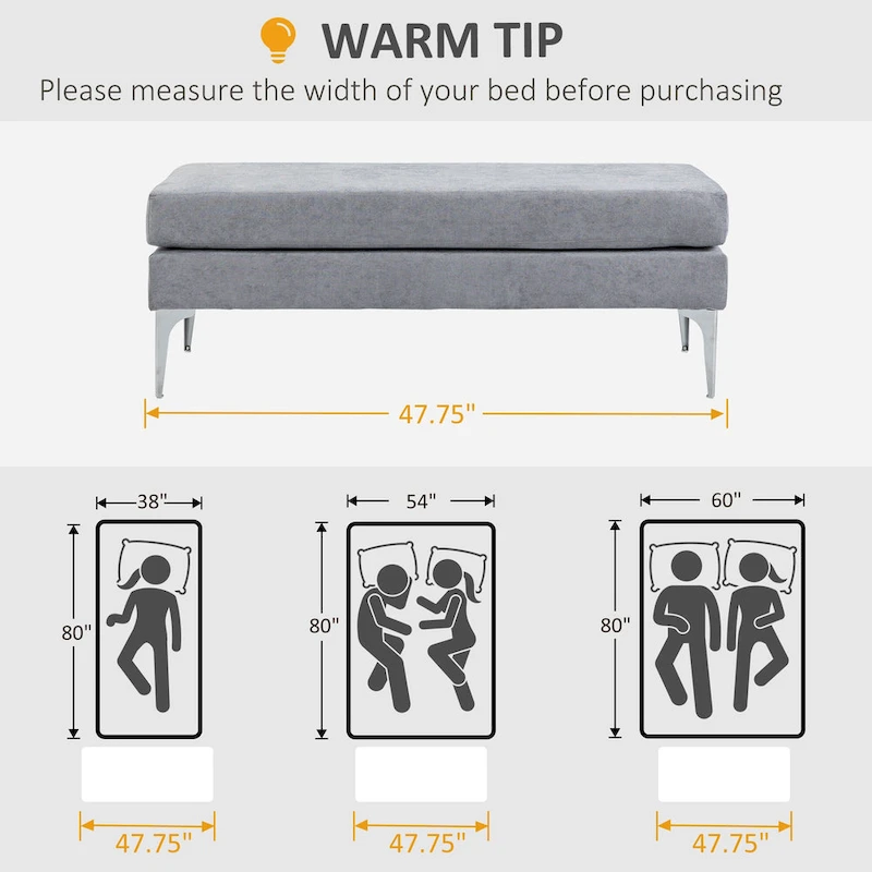 HOMCOM 48 End of Bed Bench, Upholstered Entryway Bench with Double Layer Seat Cushions and Steel Legs, Bedroom Bench, Dark Gray