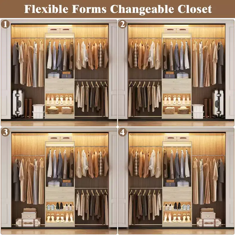 Besiost Closet System with 2 Wooden Drawers and Adjustable Shoes Rack