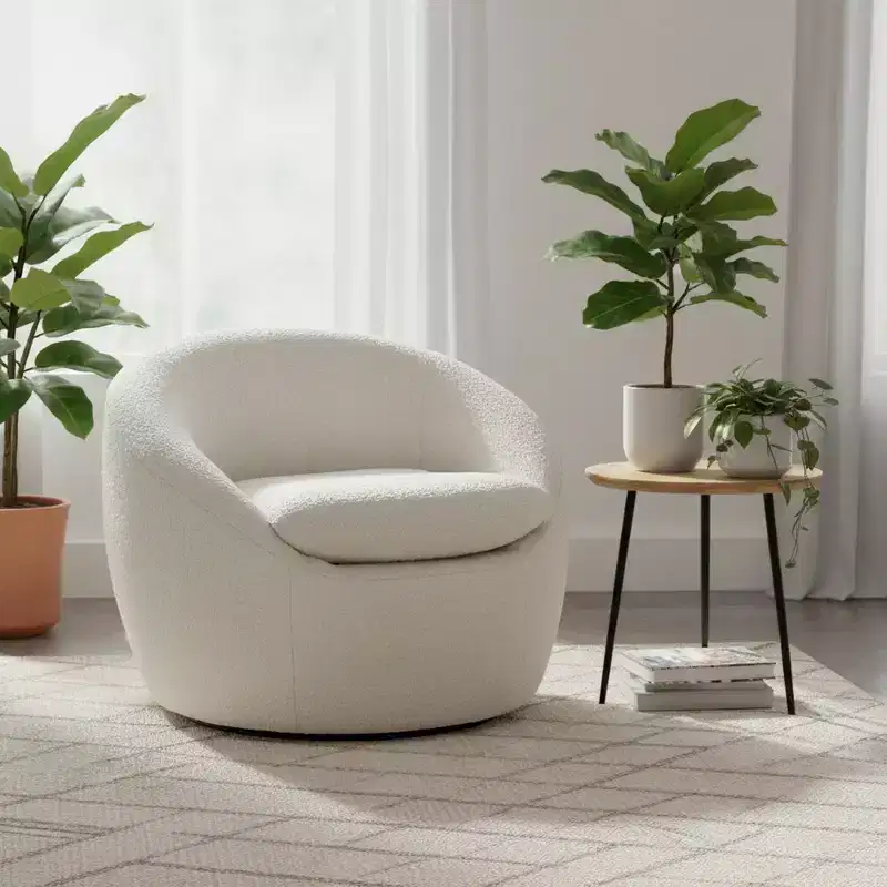 Homy Casa Modern Boucle Swivel Barrel Accent Chair with 360 Base and Cushioned Seat, for Living Room or Bedroom, White
