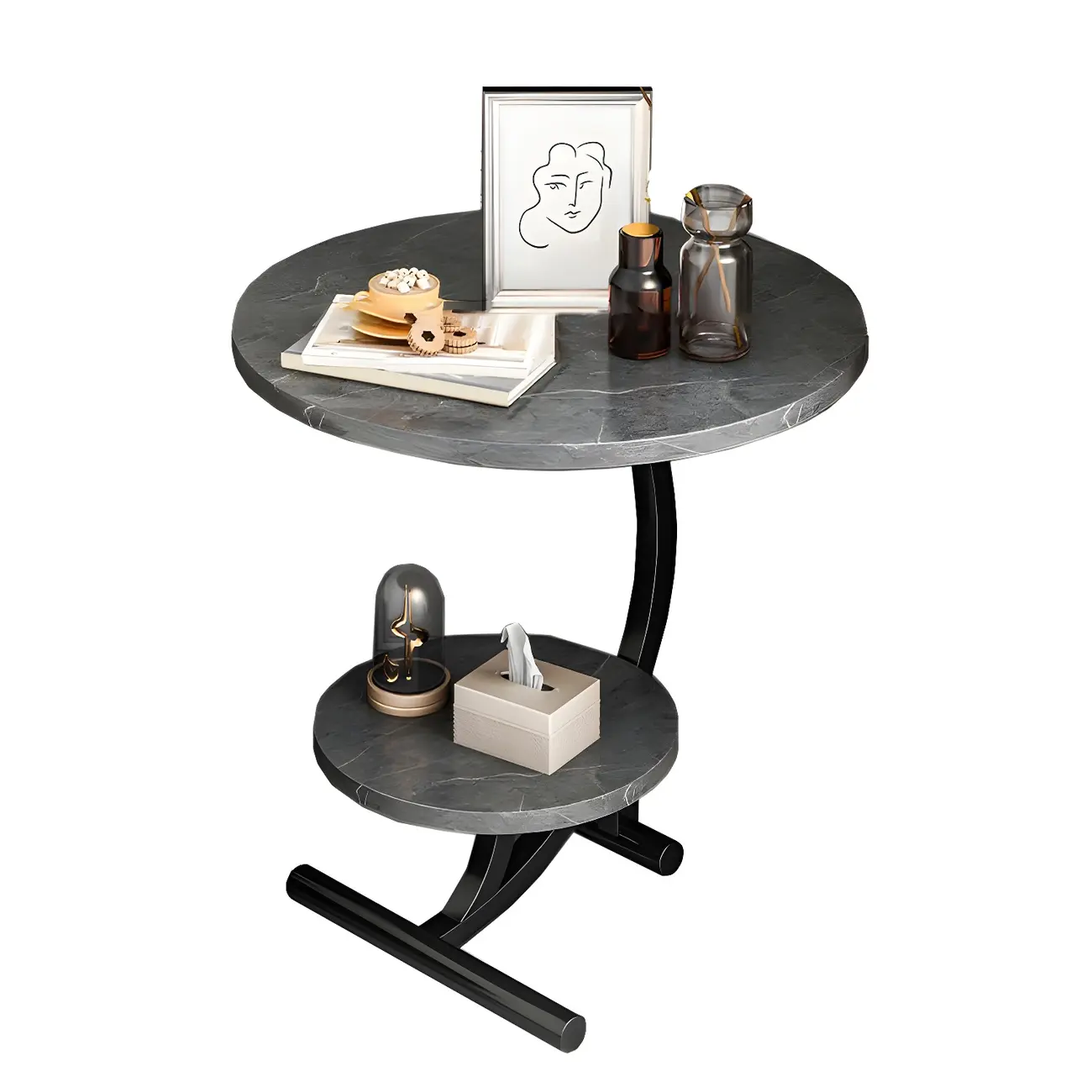 Modern Metal Frame Elegant Round Double Layer Nightstands