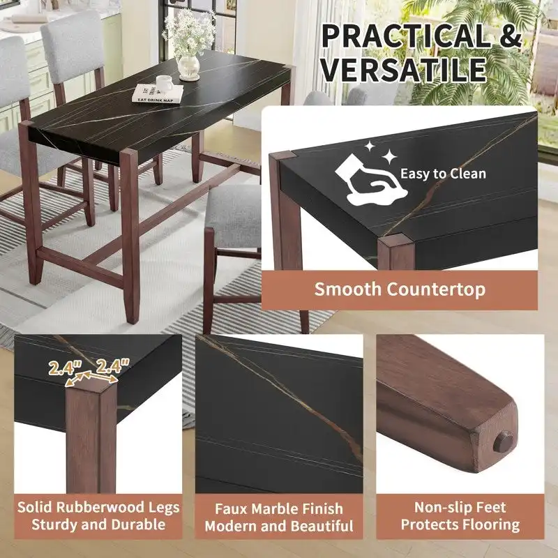 Modern 5-Piece Counter Height Dining Table Set, Faux Marble Bar Table and 4 Upholstered-Seat Chairs