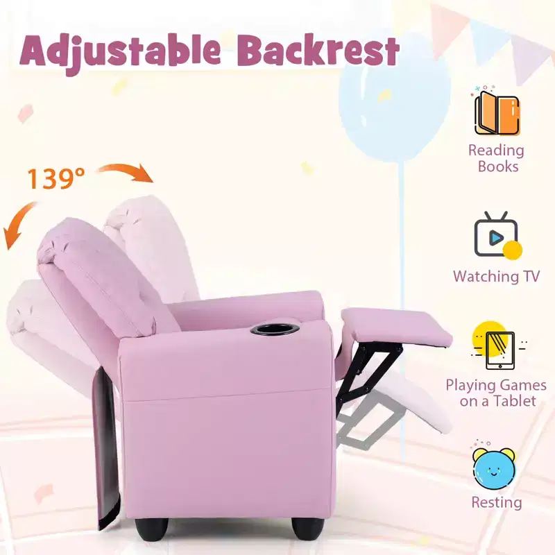 Kids Recliner Chair with Cup Holder – Beige / Black / Brown / Pink, Push-Back Style, 1-Seat