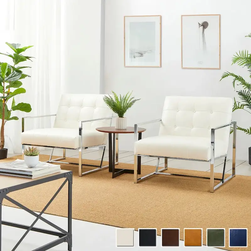 Glitzhome Set of 2 29.25W Mid-Century PU Leather Tufted Accent Chairs