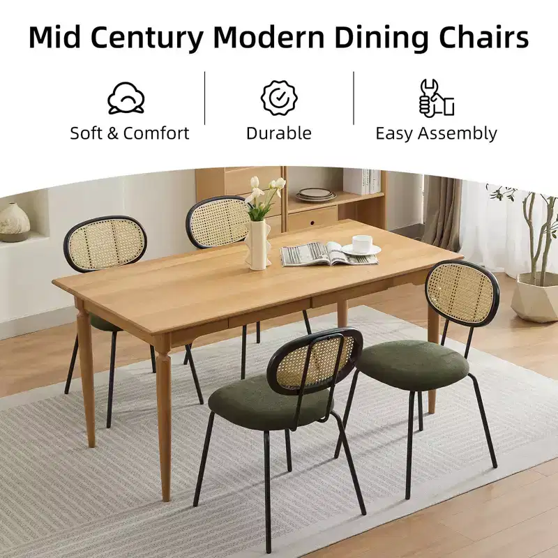 2 Pack Dining Chairs, Modern Velvet Upholstered Dining Room Chairs with Rattan Backrest & Sturdy Metal Legs