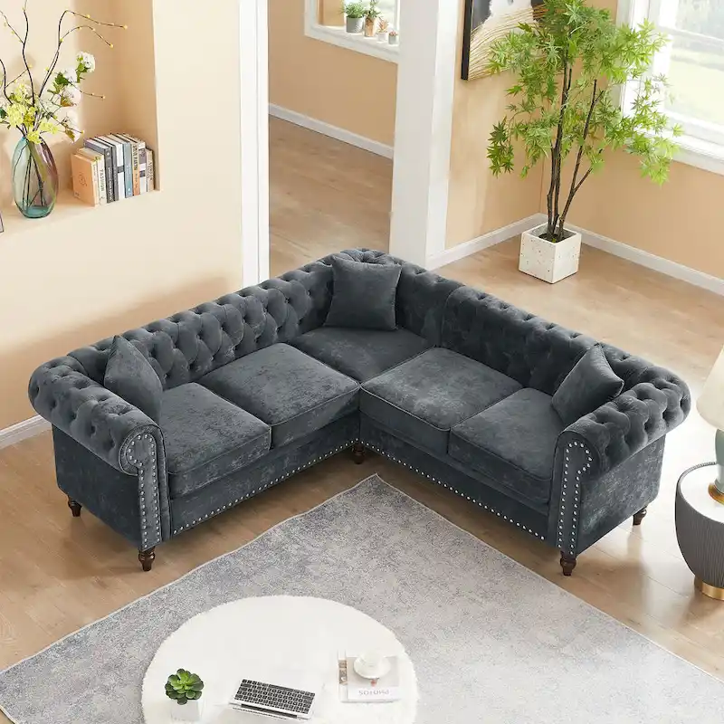Deep Button Rolled Arm Classic Chesterfield L Shaped Sectional Sofa