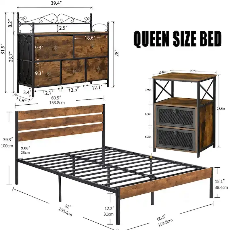 4-Pieces Bedroom Set with Drawer and Nightstands Set of 2, 5-Drawer Dresser, Brown/Grey Set