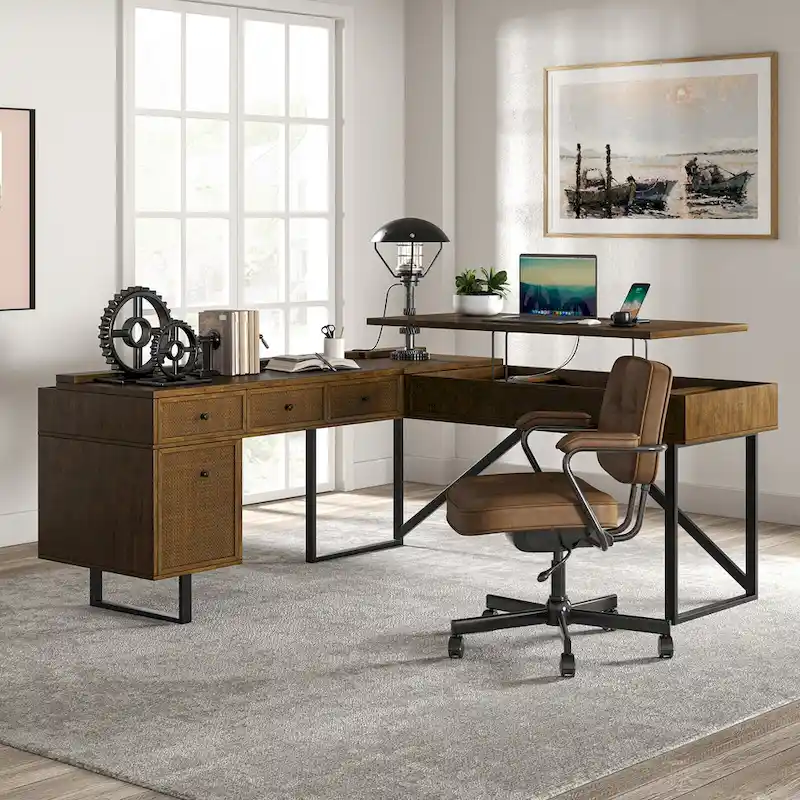 Alfons Industrial L-shaped Lift Top Cane Executive Office Desk with Drawers and Built-In Outlets