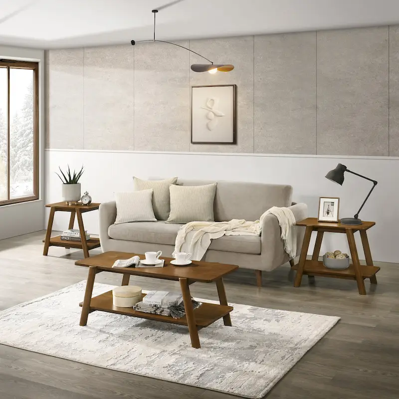 Roundhill Furniture Metz Mid-Century Wood Shelf 3-Piece Coffee Table Set