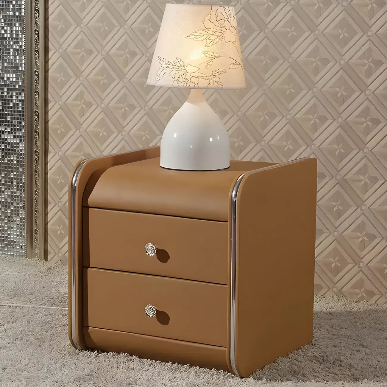 Luxurious Glossy Leather Wooden 2 Drawer Black Nightstand